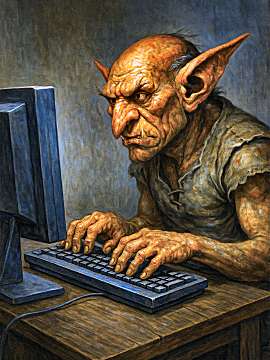 Image by Copilot of a hobgoblin at a computer